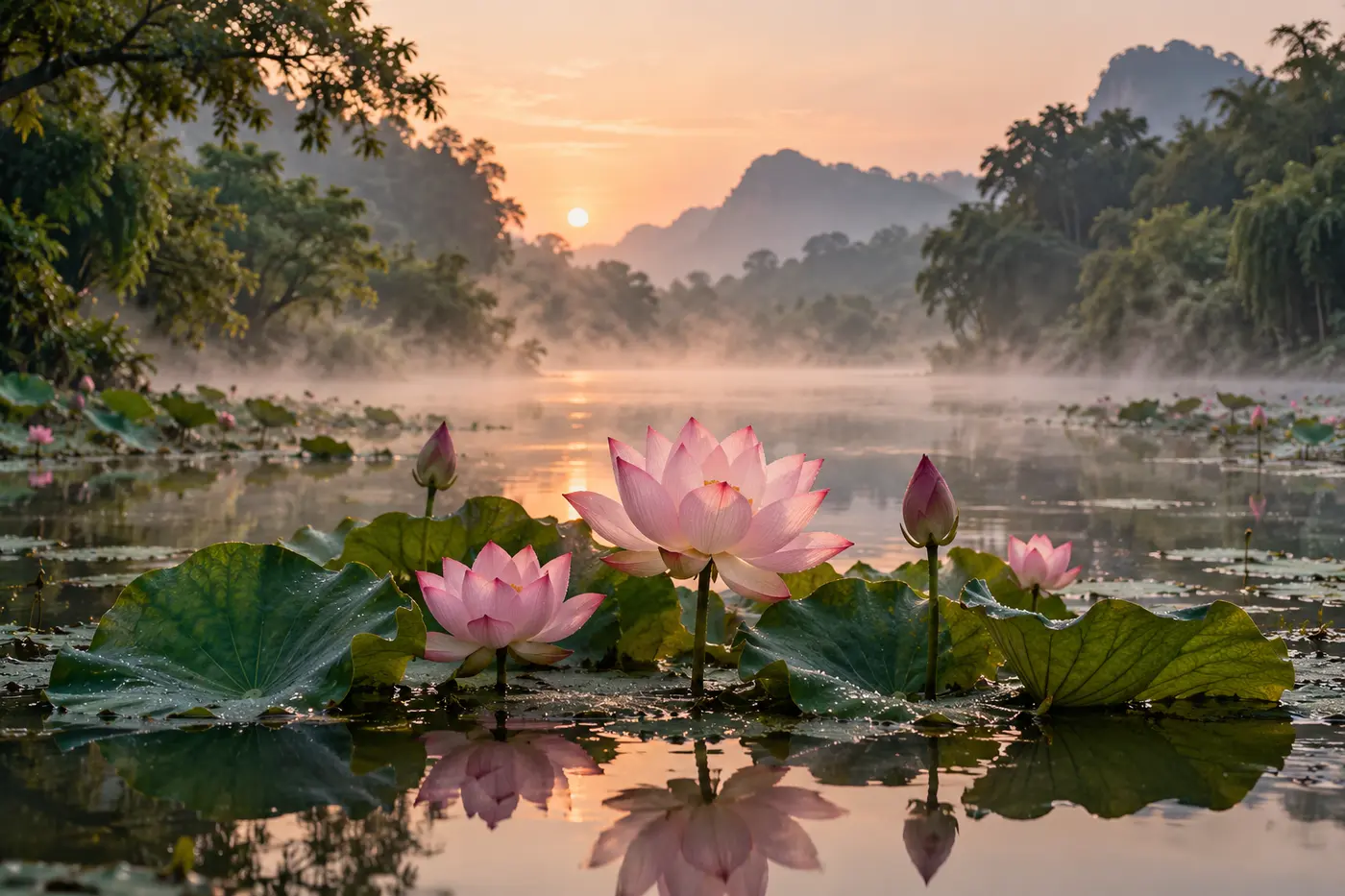 Soft pink lotus flowers opening on a peaceful pond at dawn
